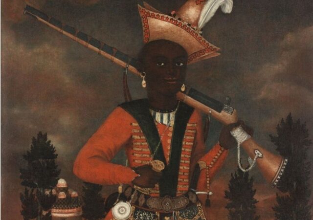 A rare Safavid oil painting of an African soldier Persia