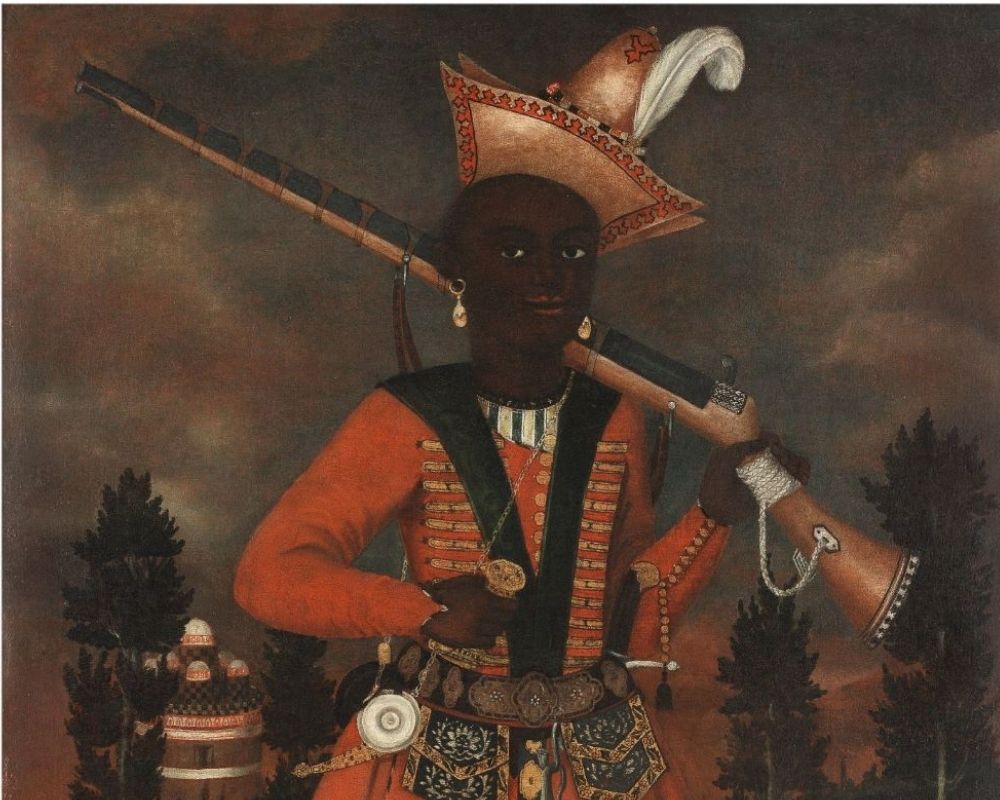 A rare Safavid oil painting of an African soldier Persia